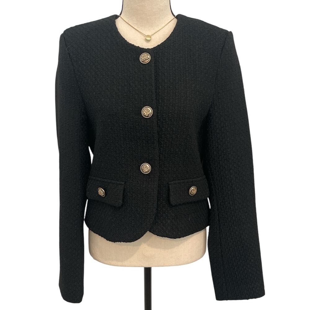 Womens Black Textured Button-Front Blazer Jacket